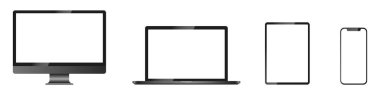 İzole edilmiş bir arka planda Apple aygıtlarının gerçekçi modelleri. Telefon, tablet, dizüstü bilgisayar vektör seti. Boş ekran maketi, karanlık tasarım. Vektör EPS 10