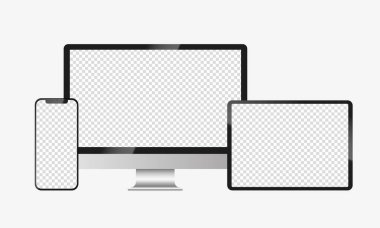 İzole edilmiş bir arka planda Apple aygıtlarının gerçekçi modelleri. Telefon, tablet, dizüstü bilgisayar vektör seti. Boş ekran maketi, gümüş tasarım. Vektör EPS 10
