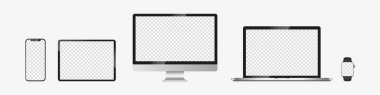 İzole edilmiş bir arka planda Apple aygıtlarının gerçekçi modelleri. Telefon, tablet, dizüstü bilgisayar vektör seti. Boş ekran maketi, gümüş tasarım. Vektör EPS 10
