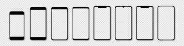 Şeffaf arkaplan üzerinde boş ekran olan vektör modern telefonlar. Ön tarafta telefon modeli var. Cep telefonu, uygulama, ui, ux. Vektör EPS 10