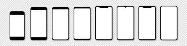 Zestaw Wektorowych Nowoczesnych Telefonów Czystym Ekranem Przezroczystym Tle Makieta Przodu — Wektor stockowy