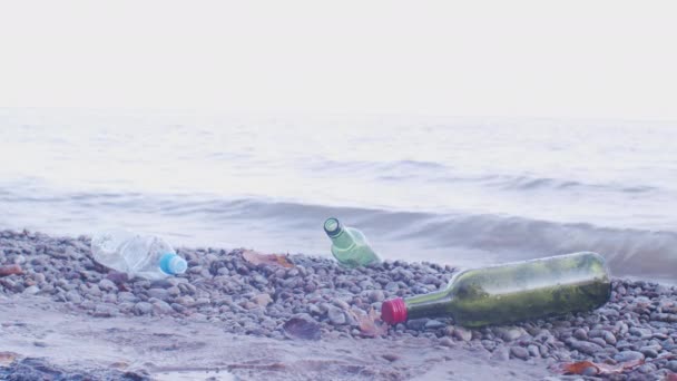 Mladý Muž Sbírá Odpadky Mořském Pobřeží — Stock video