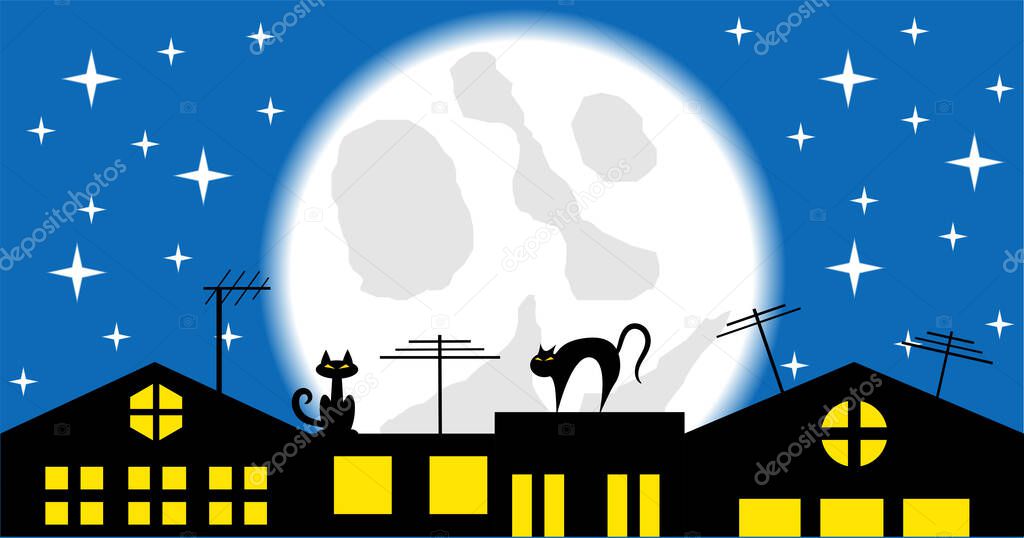 Cats on the Roof at Night in the Moonlight