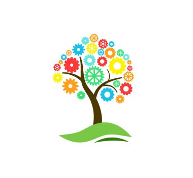 Tree with Colorful Mechanism Gear. Idea of Creative Thinking, Science and Nature Preservation.