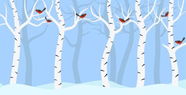 Birch Grove ile Kışın Birds Düz Çizim
