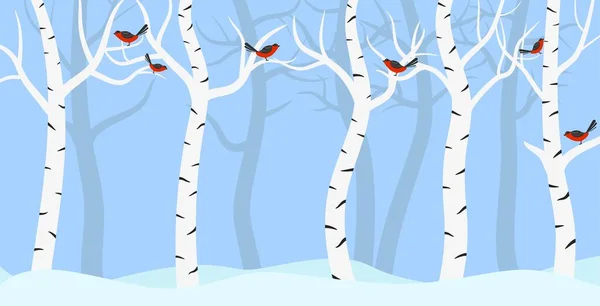 Birch Grove Winter Met Vogels Platte Vector — Stockvector