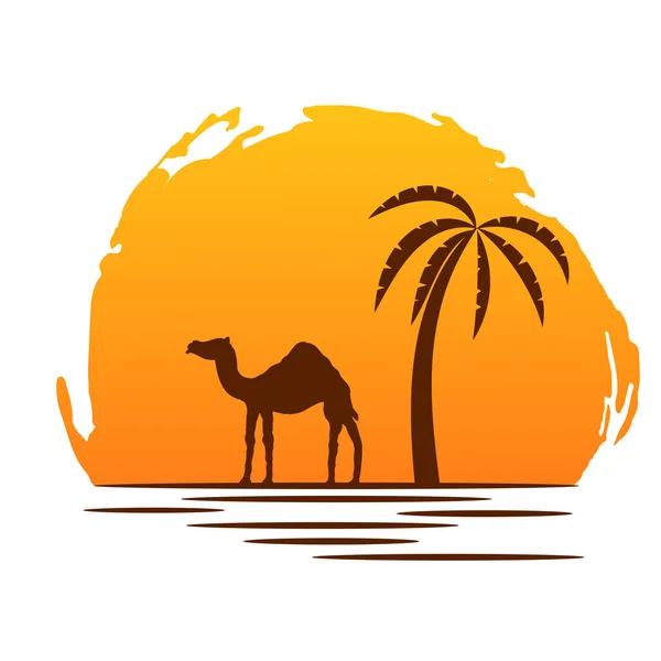 Camel Palm Tree Sunshine Silhouette Icon — Stock Vector