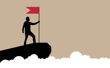 Mountain Climber or Hiker Silhouette with a Flag on a Cliff. People and sports, success and achievement at work vector art