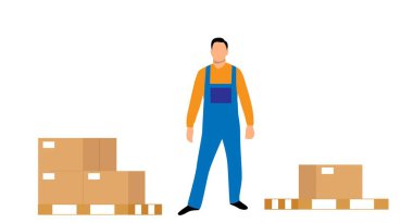 Warehouse Worker with Boxes Isolated on White. People and industry profession vector art