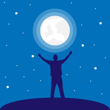 Man at Night Watching Full Moon Silhouette. Nature, space and outdoor activities vector art