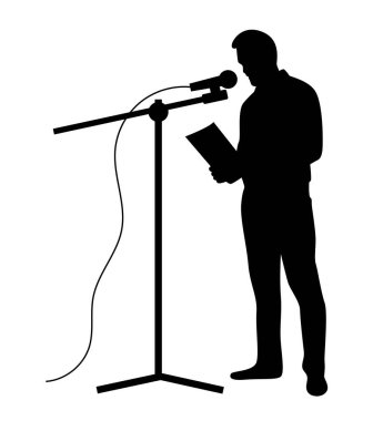 Sözcü ya da Stan Up Komedyen Okuma Konuşması Silüeti. Sanatçı insanlar ve performans sanatları vektör sanatı