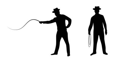 Kovboy silueti ve kırbaç White 'da izole edilmiş. İnsanlar ve aktiviteler, mesleki bir vektör sanatına dahil olmak