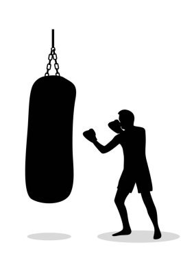 Beyazın üzerinde izole edilmiş bir çantayla boksör eğitiminin silueti. Spor ve fiziksel aktivite sanatı yapan insanlar
