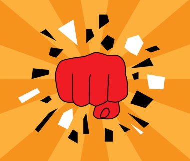 Renkli Retro Arka planda İnsan Yumruğu Kırıcı Cam ya da Taş. İnsan gücü ve azmi, güç ve spor vektörü