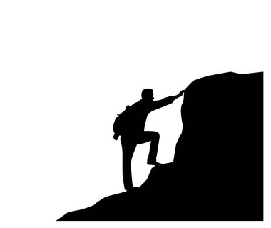 Sırt çantalı bir dağcı bir uçuruma tırmanıyor. Spor ve eğlence, açık hava aktiviteleri.