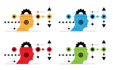 Çarklı Çarklı Soyut İnsan Başı Farklı Renkler Ayarlandı. Grafik tasarım elemanları ve kaynak vektör sanatı
