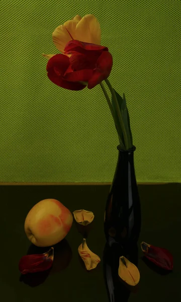 Rode Gele Tulpen Een Zwart Glas Gele Appels — Stockfoto