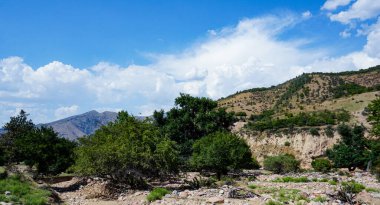                       Dağlardaki çalılar, gökyüzündeki beyaz bulutlar, Parkent Dağları, Özbekistan         