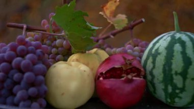 Açık havada karpuzlar ve çeşitli sonbahar meyveleri var..