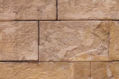 Arkaplan olarak taş bloklardan oluşan antik bir duvar..