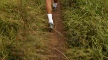 Galapagos Adası, Ekvador 'da çalılıklarda yürüyen bir yürüyüşçüyü takip eden HD görüntüleri.