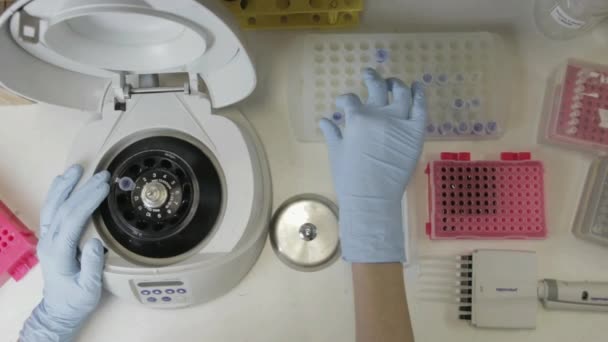 Nad Głową Naukowca Zajmującego Się Próbkami Wirówce Laboratorium Genetycznym Uniwersytecie — Wideo stockowe