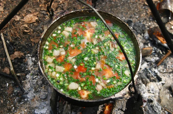 Preparing food on campfire — Stock Image Preparing food on campfire Stock Image