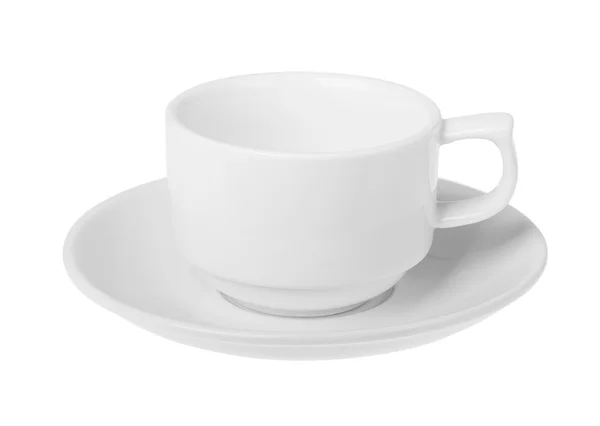 Taza de café con platillo aislado sobre fondo blanco — Foto de Stock