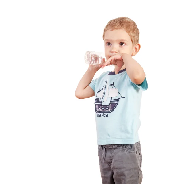 Boy holds  water bottle on a white background — Stock Photo, Image