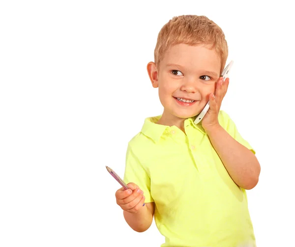 Retrato de un niño con su nuevo teléfono celular — Foto de Stock