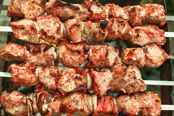 Barbecue roasted meat kebab hot grill, good snack outdoor picnic — Stock Photo, Image