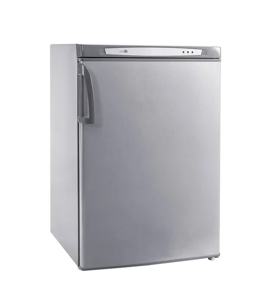 Studio shot small stainless steel refrigerator isolated on white — Stock Photo, Image