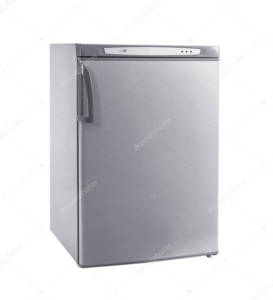 studio shot small stainless steel refrigerator isolated on white