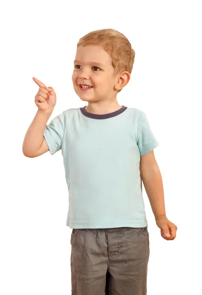 Blond boy pointing finger to the side Stock Photo
