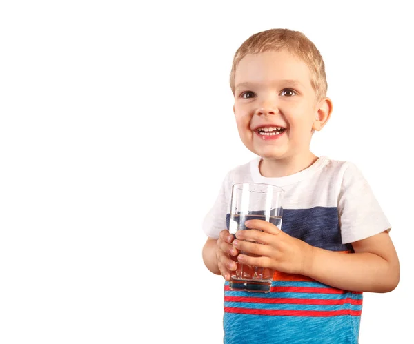 Toddler boy holding glass with ice water. isolated on white — Stock Photo, Image