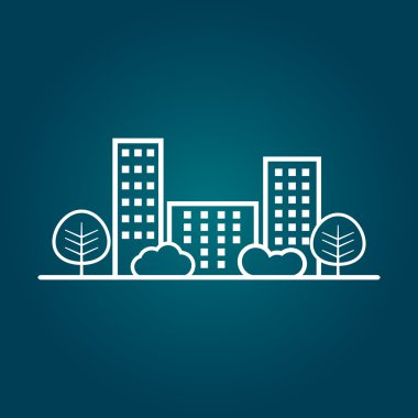 Vektör şehir illüstrasyon düz tarzda. Mavi arka plan üzerinde bina, ağaç ve çalı