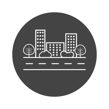 Vektör şehir illüstrasyon düz tarzda. Gri arka planda yolda bina, ağaç ve çalı