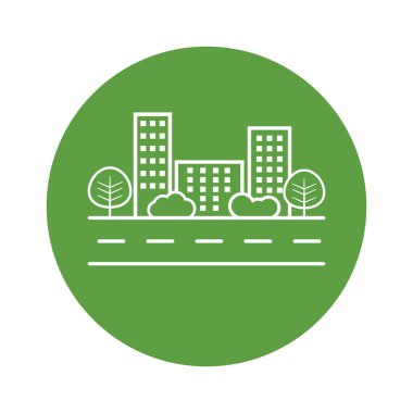 Vektör şehir illüstrasyon düz tarzda. Kırmızı arka plan üzerinde yeşil bina, ağaç ve çalı