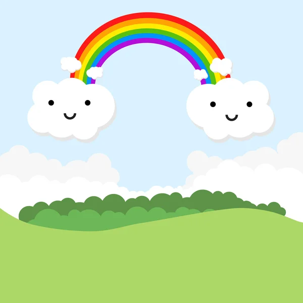 Paesaggio con arcobaleno e nuvole divertenti. Illustrazione vettoriale — Vettoriale Stock