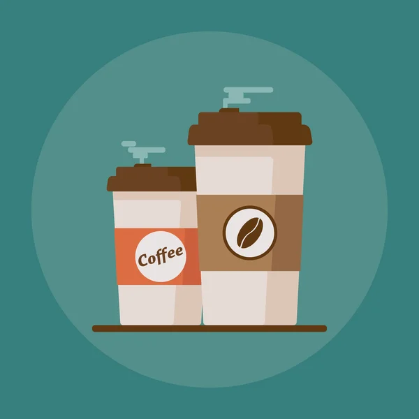 青い背景にコーヒー豆とコーヒーカップ。フラットベクトルイラストレーション — ストックベクタ