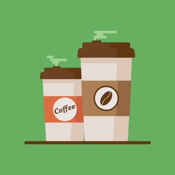 緑の背景にコーヒー豆とコーヒーカップ。フラットベクトルイラストレーション — ストックベクタ
