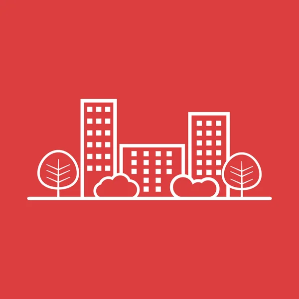 Vector city illustration in flat style. Building, tree and shrub on red background — Stock Vector