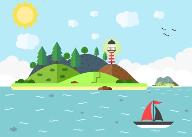 Deniz feneri, tepe, ağaç ve yelkenli tekne ile denizde seyahat sahnesi. Yaz saati tatil yolculuğu konsepti. Düz vektör çizimi