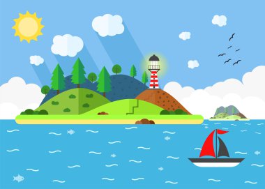 Ada deniz feneri, tepe, ağaç ve yelkenli gemi denize sıfır. Yaz saati tatil yolculuk kavramı. Düz vektör çizim. Arka plan seyahat.
