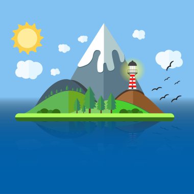 Dağ, tepe, ağaç ve kuşlar ile Cennet Adası. Yaz saati tatil yolculuk kavramı. Düz stil çizimde. Arka plan seyahat.