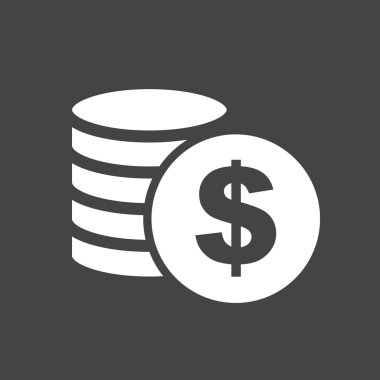 Gri arka planda para silueti simgesi. Düz tarzda sikke vektör illüstrasyon. Tasarım için simgeler, web sitesi.