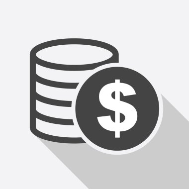 Beyaz arka planda gölgesi olan para simgesi. Düz tarzda sikke vektör illüstrasyon. Tasarım için simgeler, web sitesi.