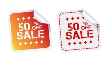 Satılık çıkartmaları %50 yüzde indirim. Beyaz arka plan üzerinde vektör çizim.