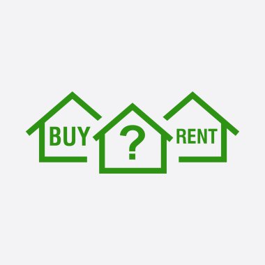 Ev satın al ya da kirala. Soru ile yeşil ev sembolü. Beyaz arka planda düz tarzda vektör çizimi.