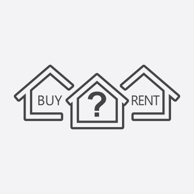 Satın alma ve çizgi stili ev kiralama arasında seçim kavramı. Siyah ev simgesini bir soru. Beyaz arka plan üzerinde düz stil vektör çizim.